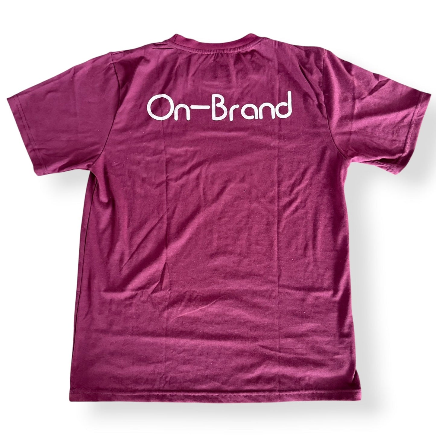 Burgundy On-Brand cotton t-shirt, back wordmark, flat lay – On-Brand Golf