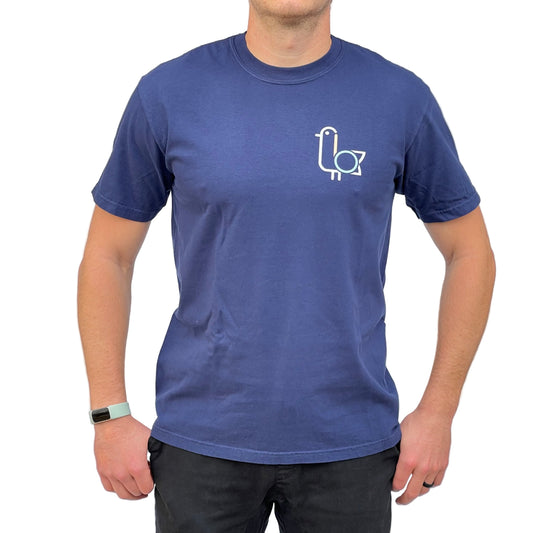 On-Brand Golf navy t-shirt front on model with seagull and On-Brand chest print