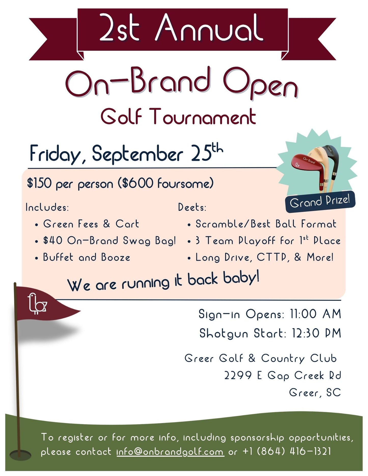 2st Annual On-Brand Open Golf Tournament poster, Friday September 25th, scramble best-ball format at Greer Golf & Country Club