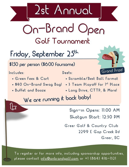 2st Annual On-Brand Open Golf Tournament poster, Friday September 25th, scramble best-ball format at Greer Golf & Country Club