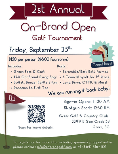 2st Annual On-Brand Open Golf Tournament poster, Friday September 25th, scramble best-ball format at Greer Golf & Country Club