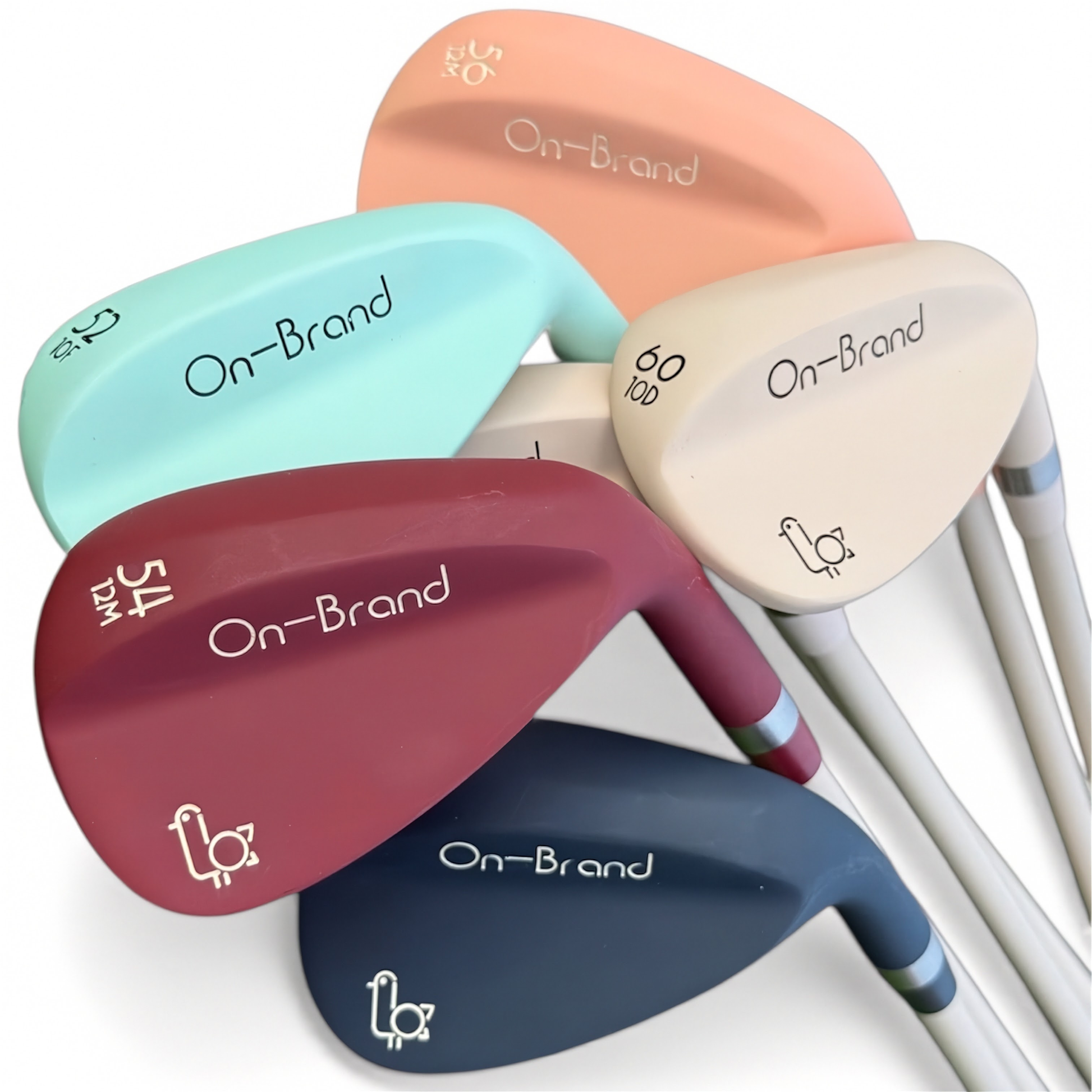 Set of golf wedges with On-Brand logo and name