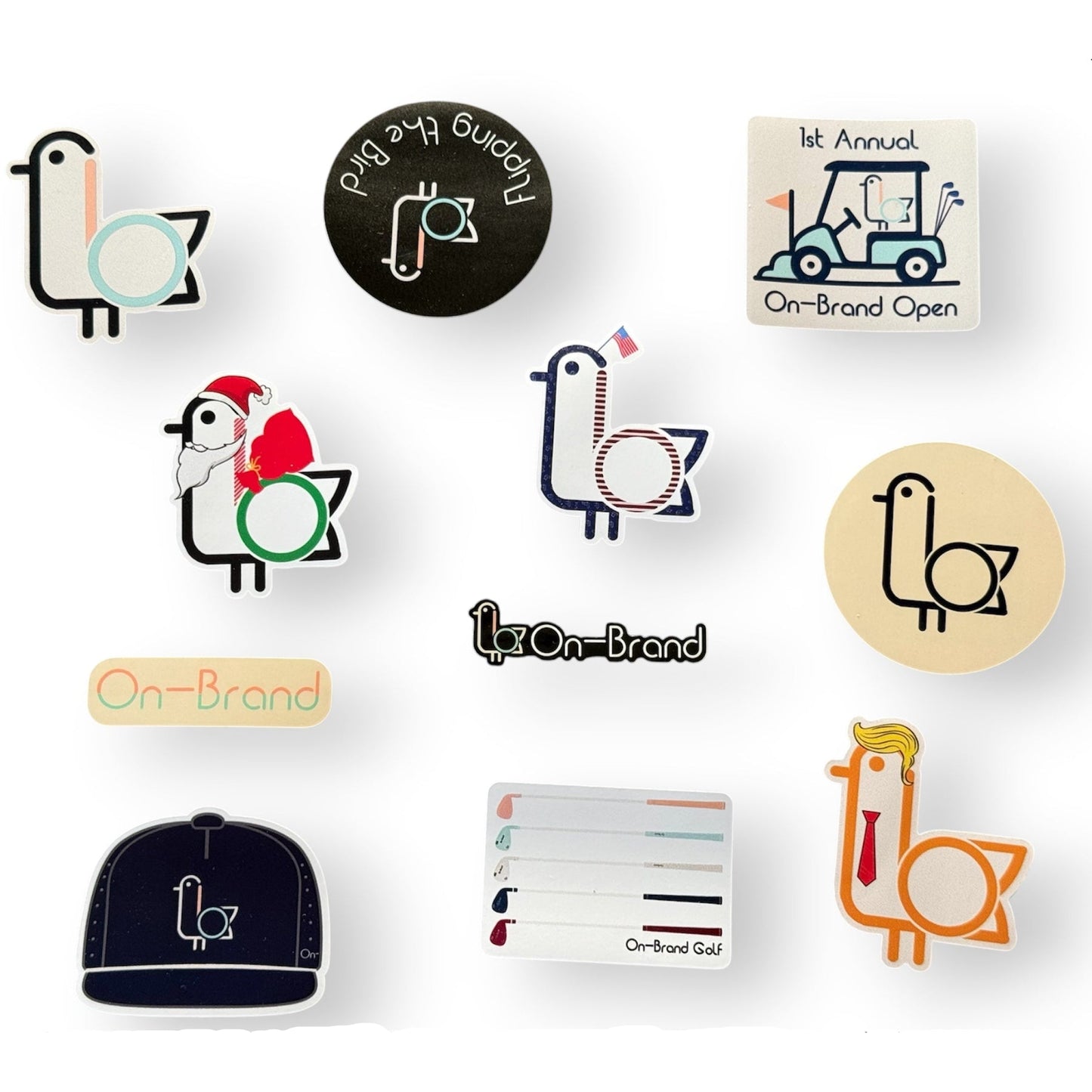 collection of Christmas, trump, orange bird, usa, flag, santa, flipping the bird, golf tournament, hat, golf wedge, logo and On-Brand seagull vinyl stickers
