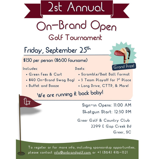 Promotional flyer for the 2nd Annual On-Brand Open Golf Tournament with event details.