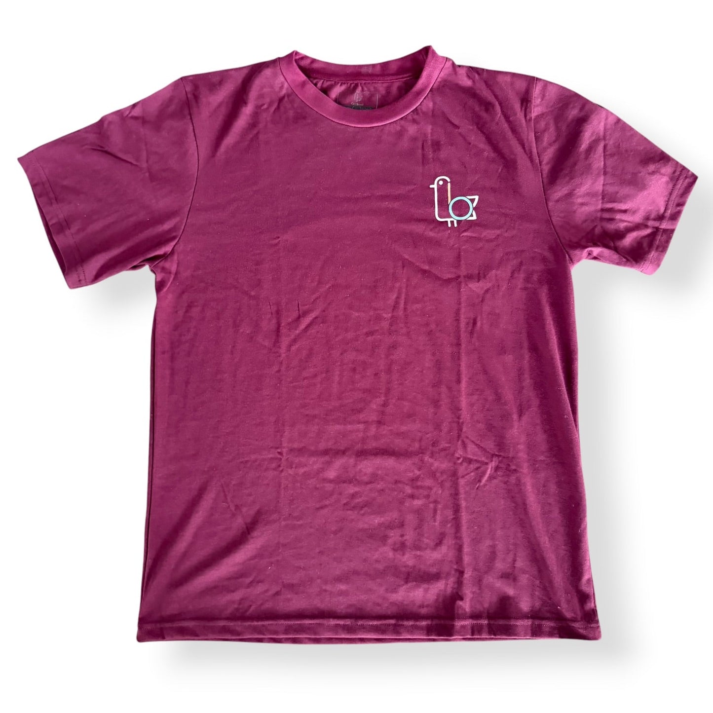Burgundy cotton golf t-shirt with bird chest logo, flat lay front – On-Brand Golf
