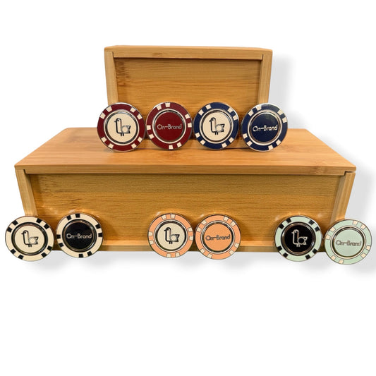 On-Brand Golf premium two-piece metal poker-chip ball marker collection in ten colorways with the seagull logo