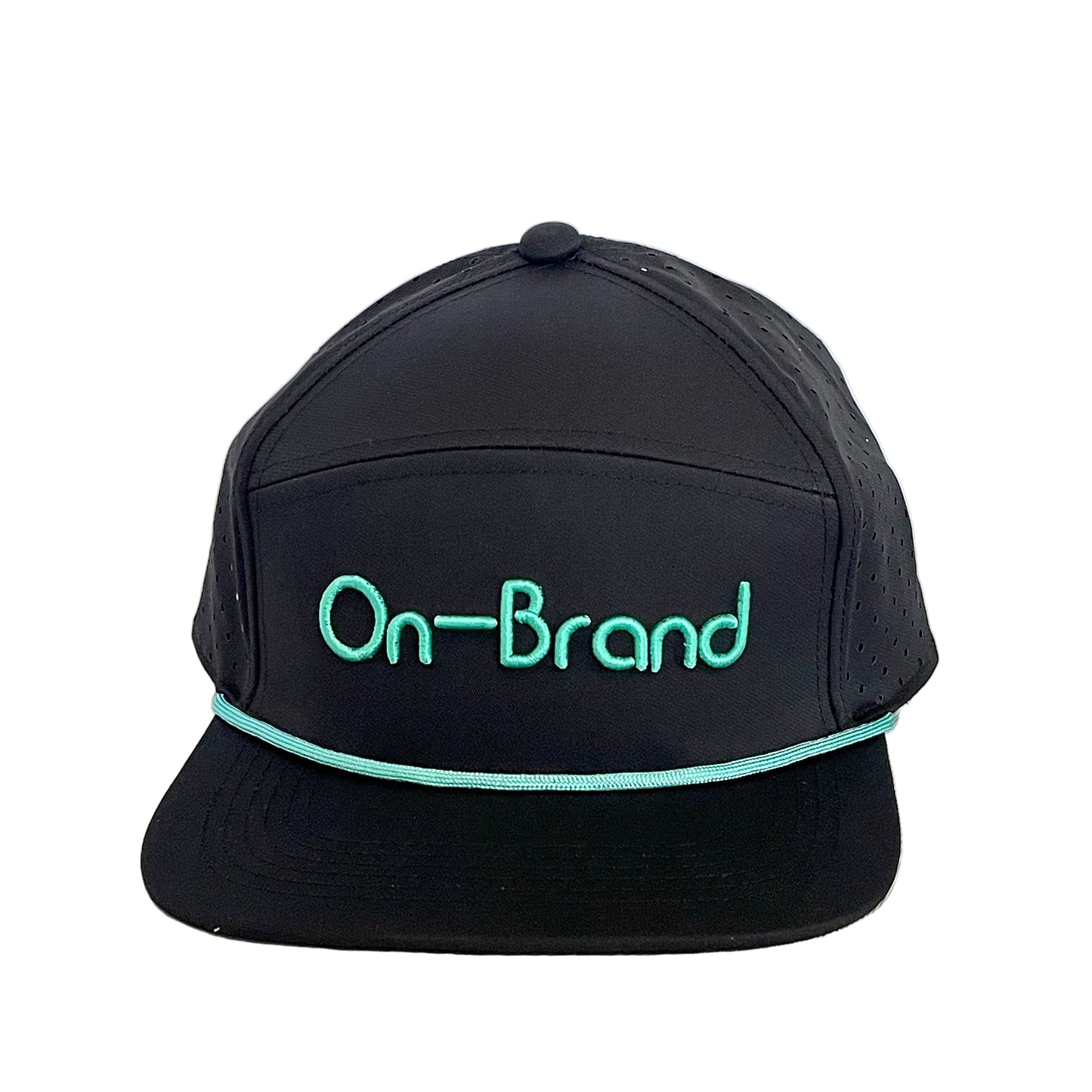 Black On-Brand Golf rope cap with seafoam On-Brand embroidery and rope detail
