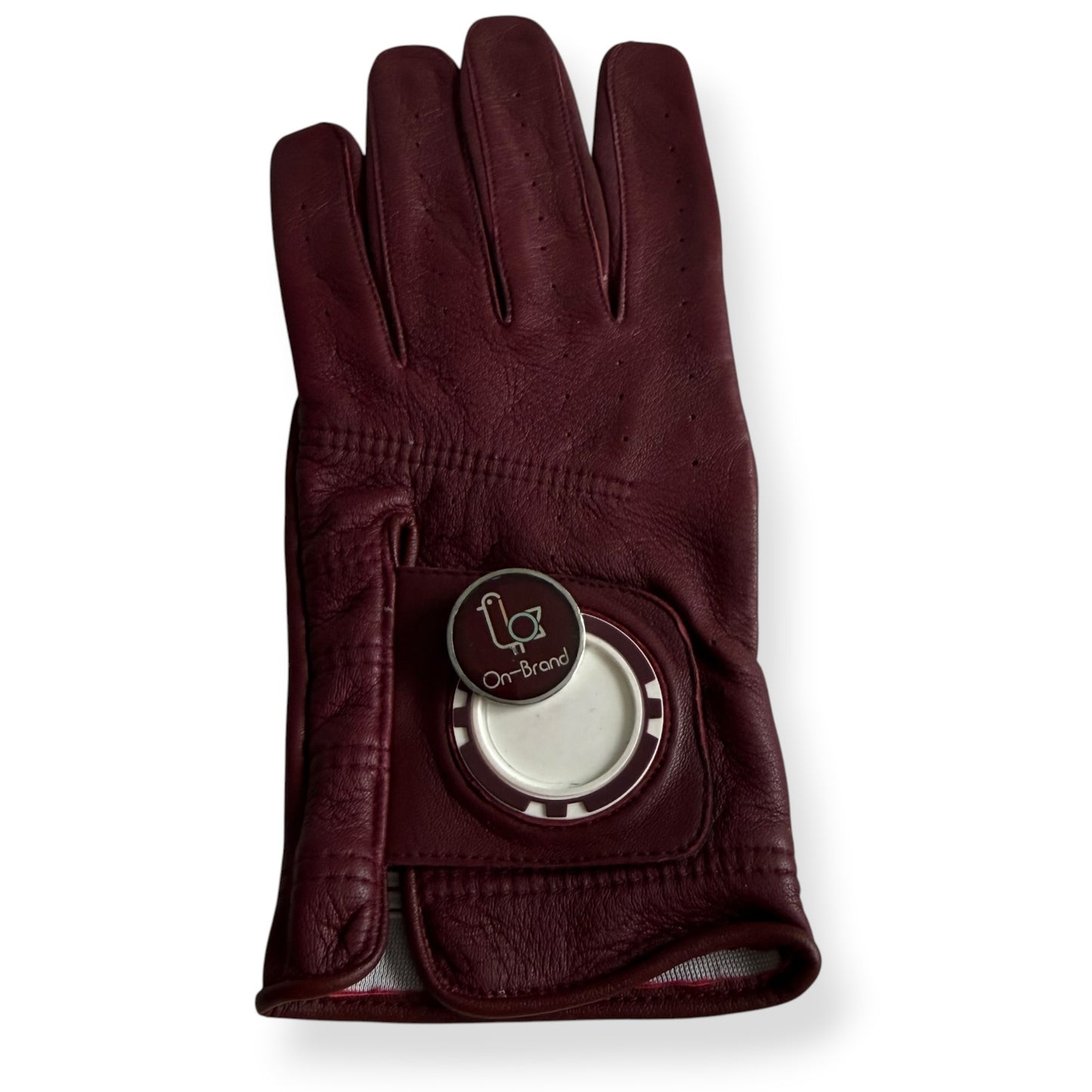 Burgundy leather golf glove with magnetic ball marker, back view – On-Brand Golf