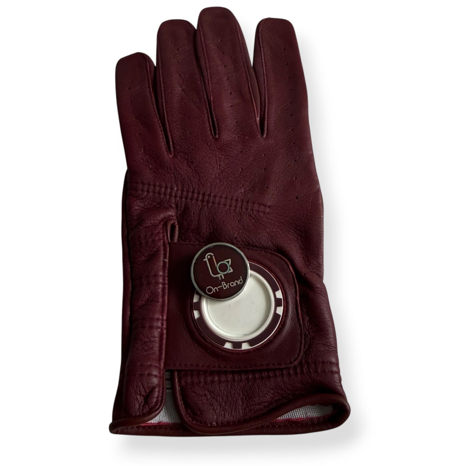 Burgundy leather golf glove with magnetic ball marker, back view – On-Brand Golf