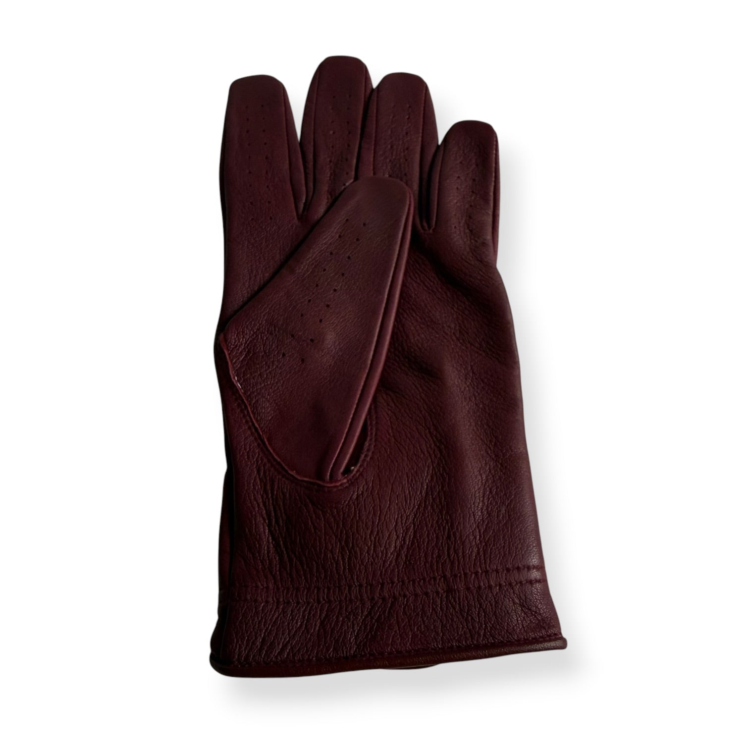 Burgundy leather golf glove, perforated palm, flat lay – On-Brand Golf