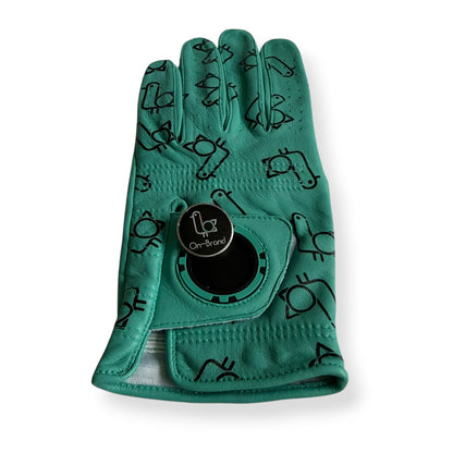 Seafoam leather golf glove with all-over bird print, back view – On-Brand Golf
