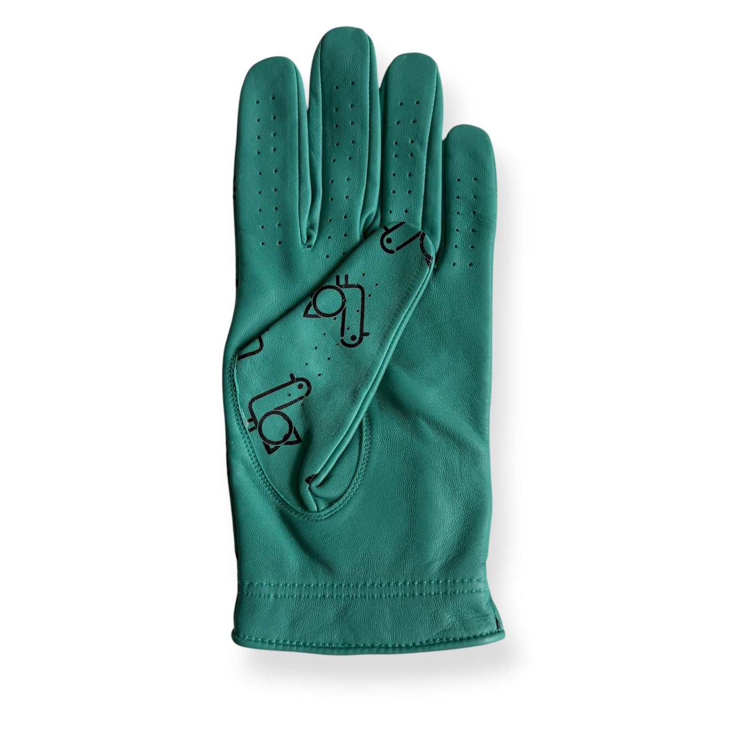 Seafoam leather golf glove, perforated palm, flat lay – On-Brand Golf