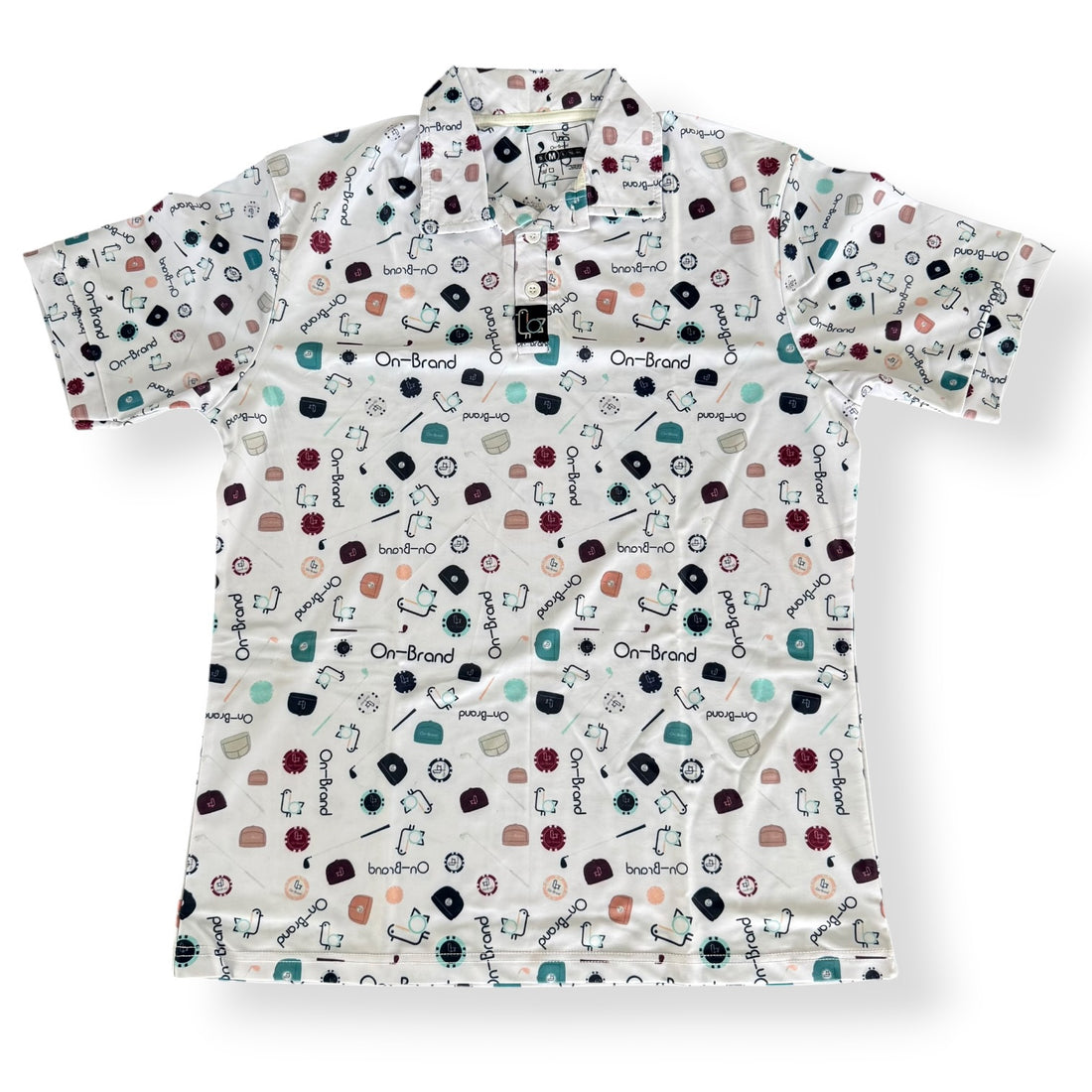 Men's white golf polo with all-over On-Brand doodle print, front – On-Brand Golf