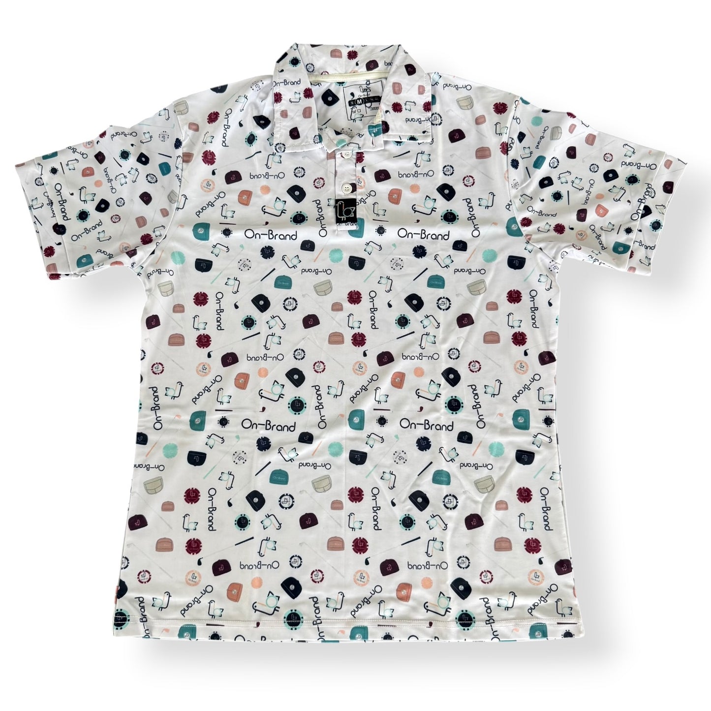 Men's white golf polo with all-over On-Brand doodle print, front – On-Brand Golf