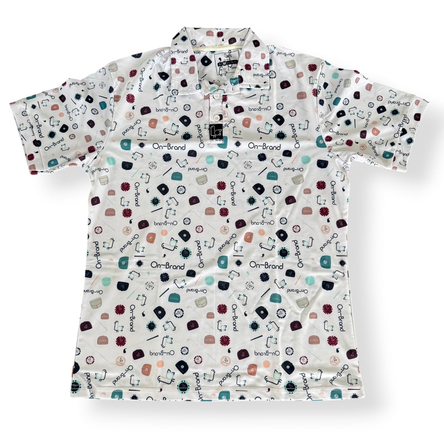 Men's white golf polo with all-over On-Brand doodle print, front – On-Brand Golf