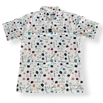 Men's white golf polo with all-over On-Brand doodle print, front – On-Brand Golf