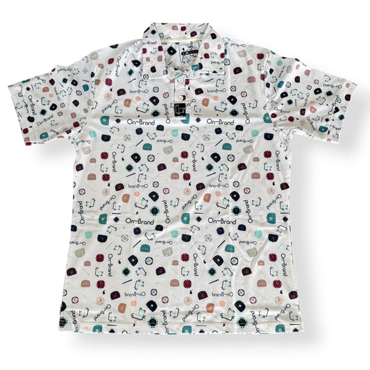 Men's white golf polo with all-over On-Brand doodle print, front – On-Brand Golf