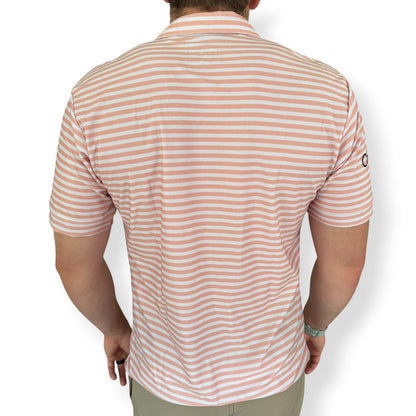 Back of a peach-striped men's golf polo with sleeve logo – On-Brand Golf