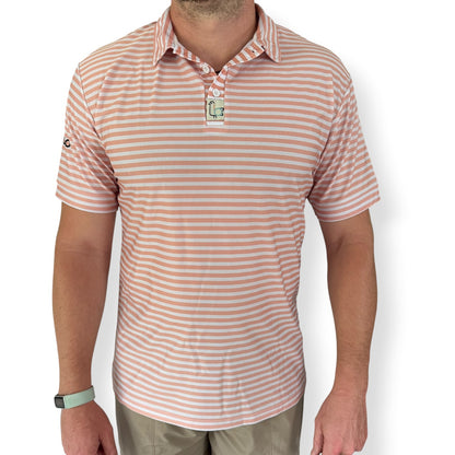 Man wearing a peach-striped On-Brand golf polo, front view – On-Brand Golf