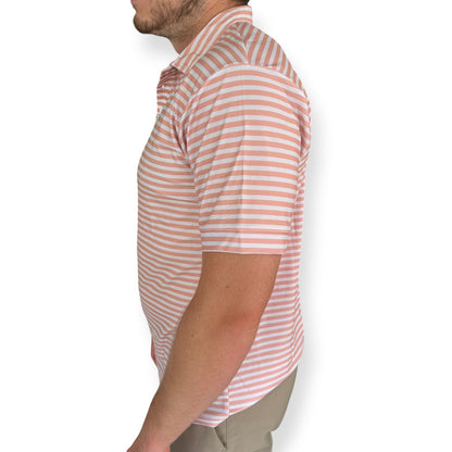 Man in a peach-striped golf polo, side profile – On-Brand Golf