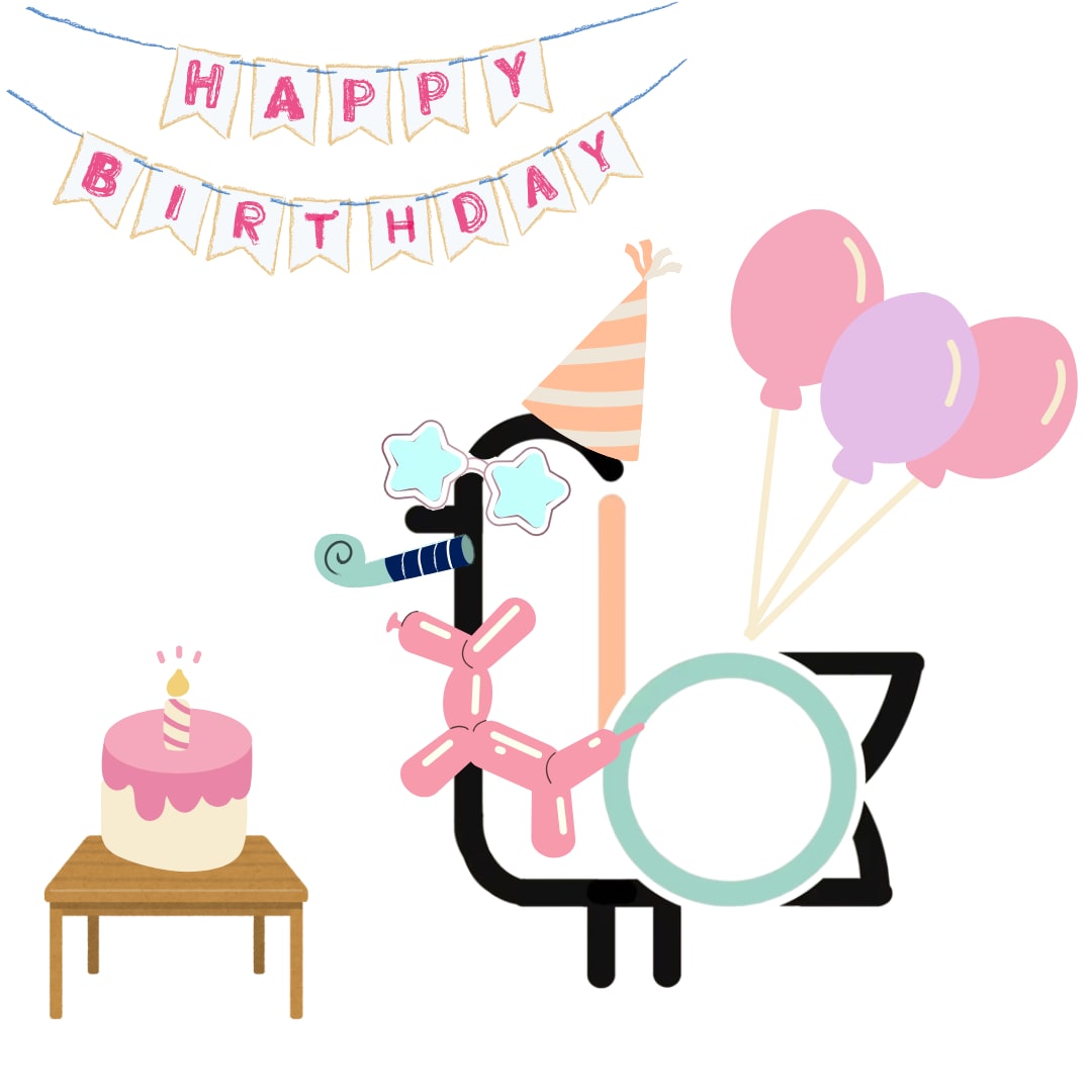 On-Brand Golf birthday seagull graphic with cake, balloons, and a Happy Birthday banner