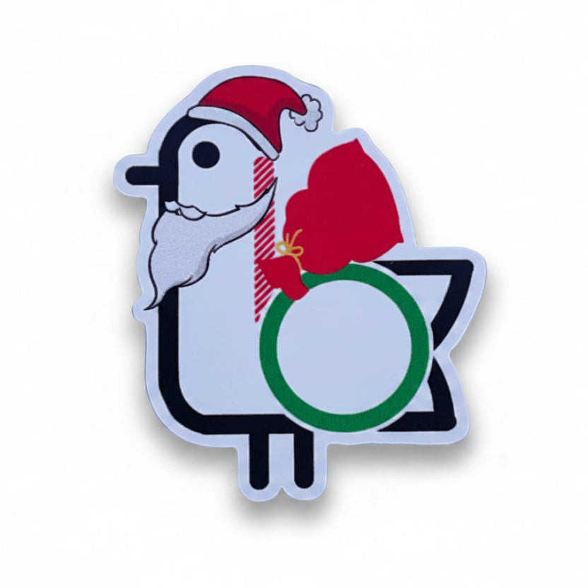 On-Brand Golf die-cut sticker — seagull in a Santa hat holding a gift sack, with a green ring