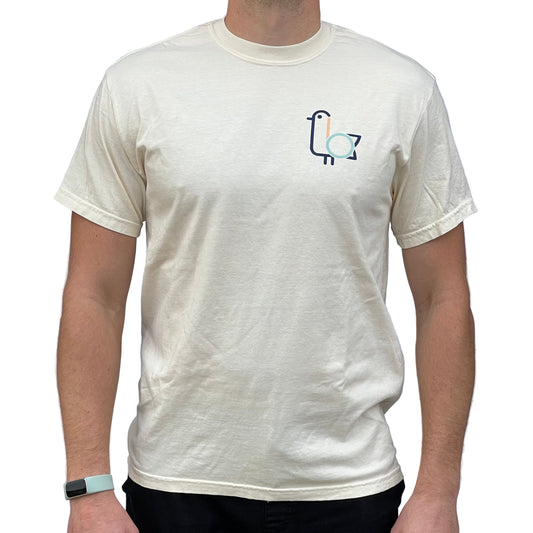 On-Brand Golf cream cotton t-shirt on a model with a small On-Brand seagull logo on the chest