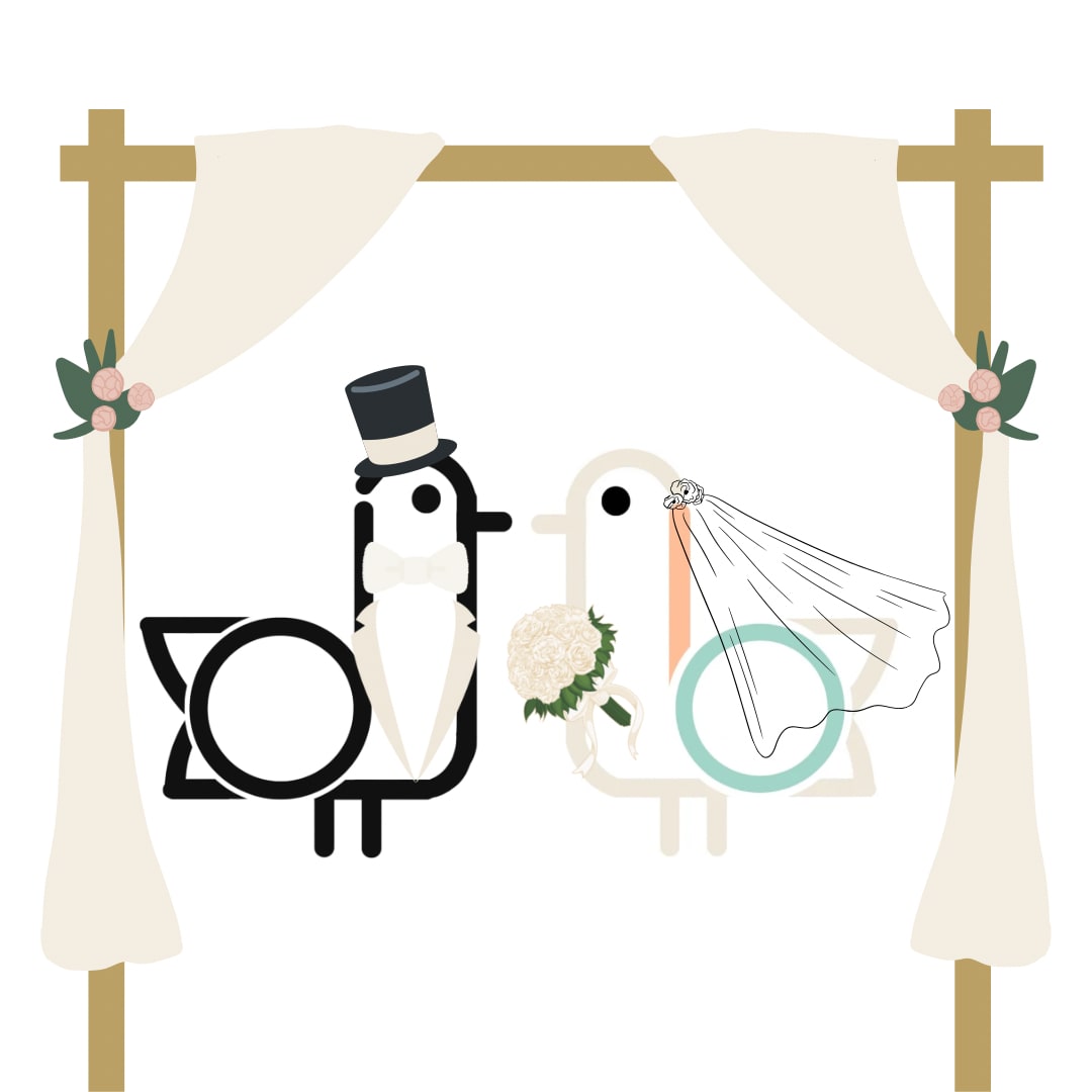 On-Brand Golf wedding seagull graphic with a veil and bow tie beneath an arch