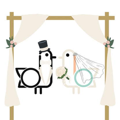 On-Brand Golf wedding seagull graphic with a veil and bow tie beneath an arch
