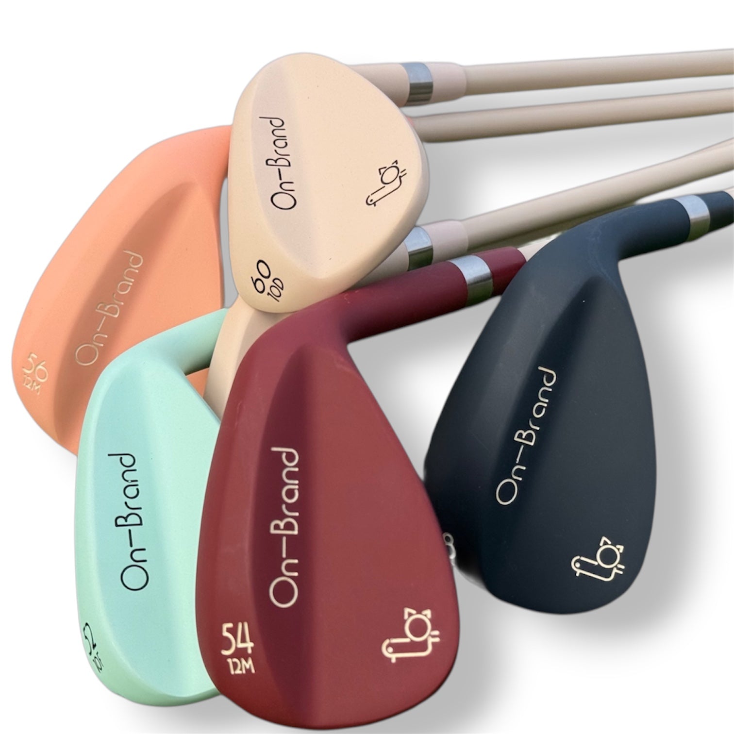 Set of golf club heads with 'On-Brand' branding on a white background