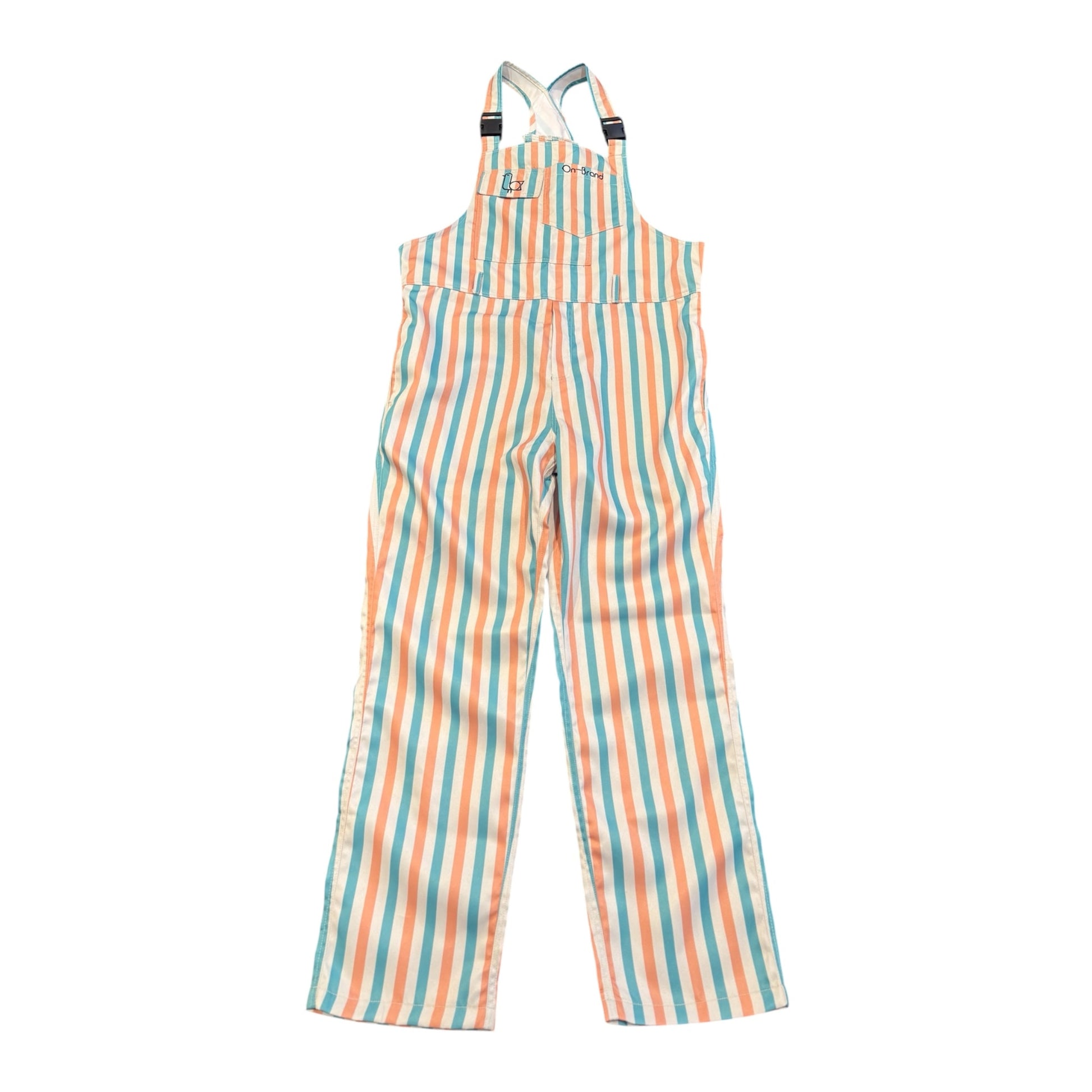 On-Brand Golf Pair-a-Keets bib overalls laid flat, front view — peach, seafoam, and cream vertical stripes