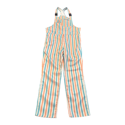 On-Brand Golf Pair-a-Keets bib overalls laid flat, front view — peach, seafoam, and cream vertical stripes