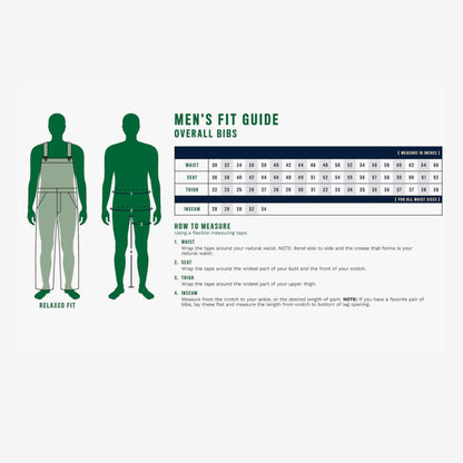 On-Brand Golf Pair-a-Keets men's bib overalls size guide with waist, seat, thigh, and inseam measurements in inches