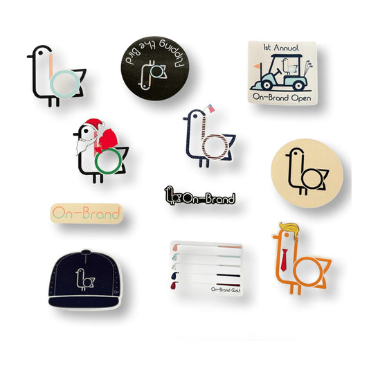 On-Brand Golf Shtickers collection — Santa, Trump-bird, USA flag, orange seagull, Flipping the Bird, and On-Brand Open vinyl sticker designs