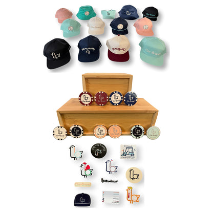 On-Brand Golf Starter Kit — hat, ball marker, and sticker pack together