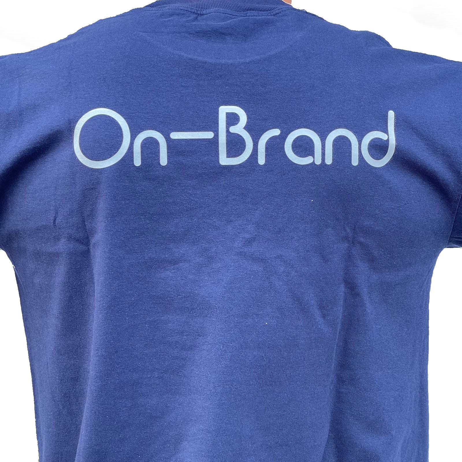 On-Brand Golf navy t-shirt back, close-up of light blue On-Brand wordmark print