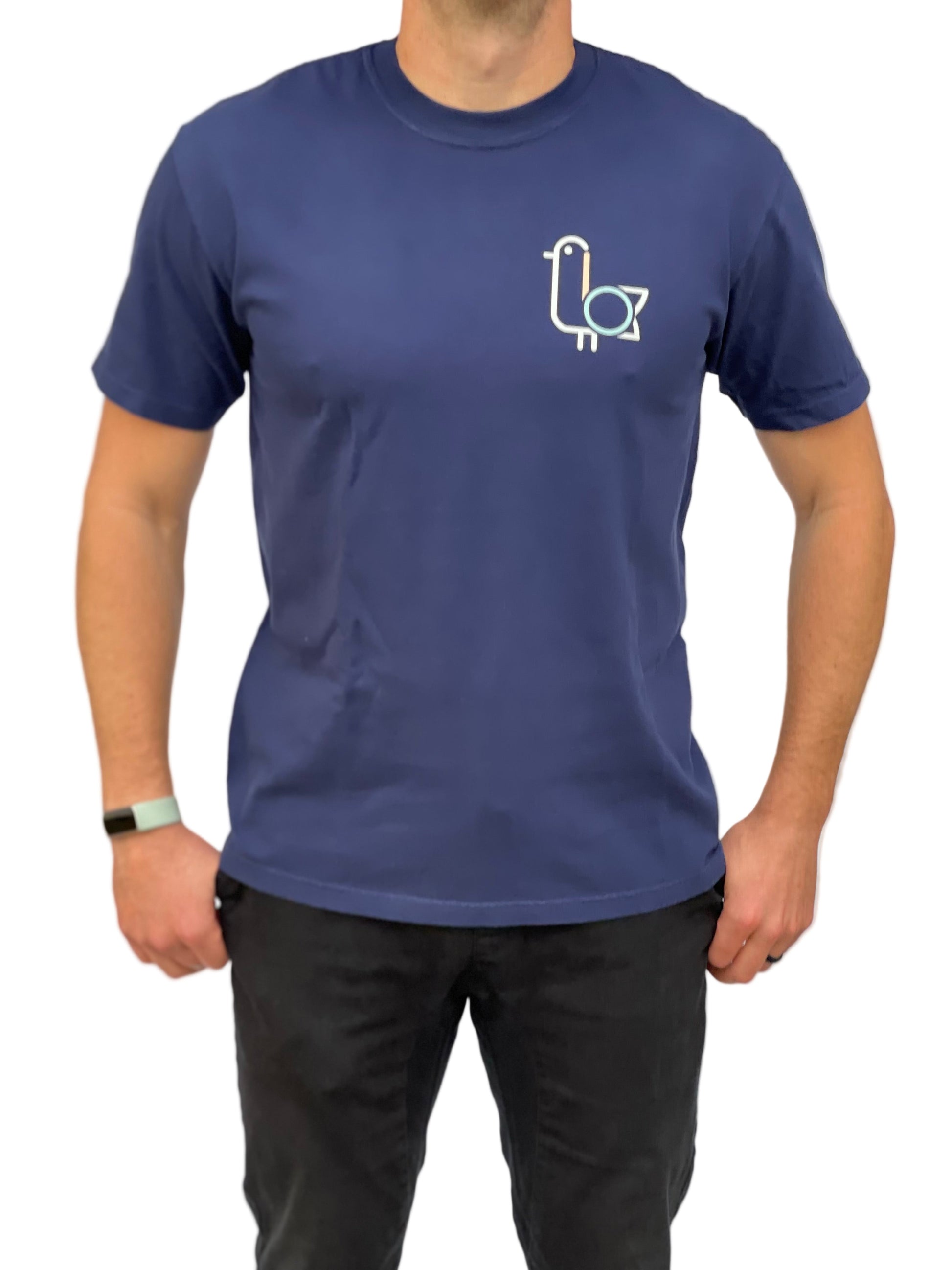 On-Brand Golf navy t-shirt front full-body view on model with large seagull chest print