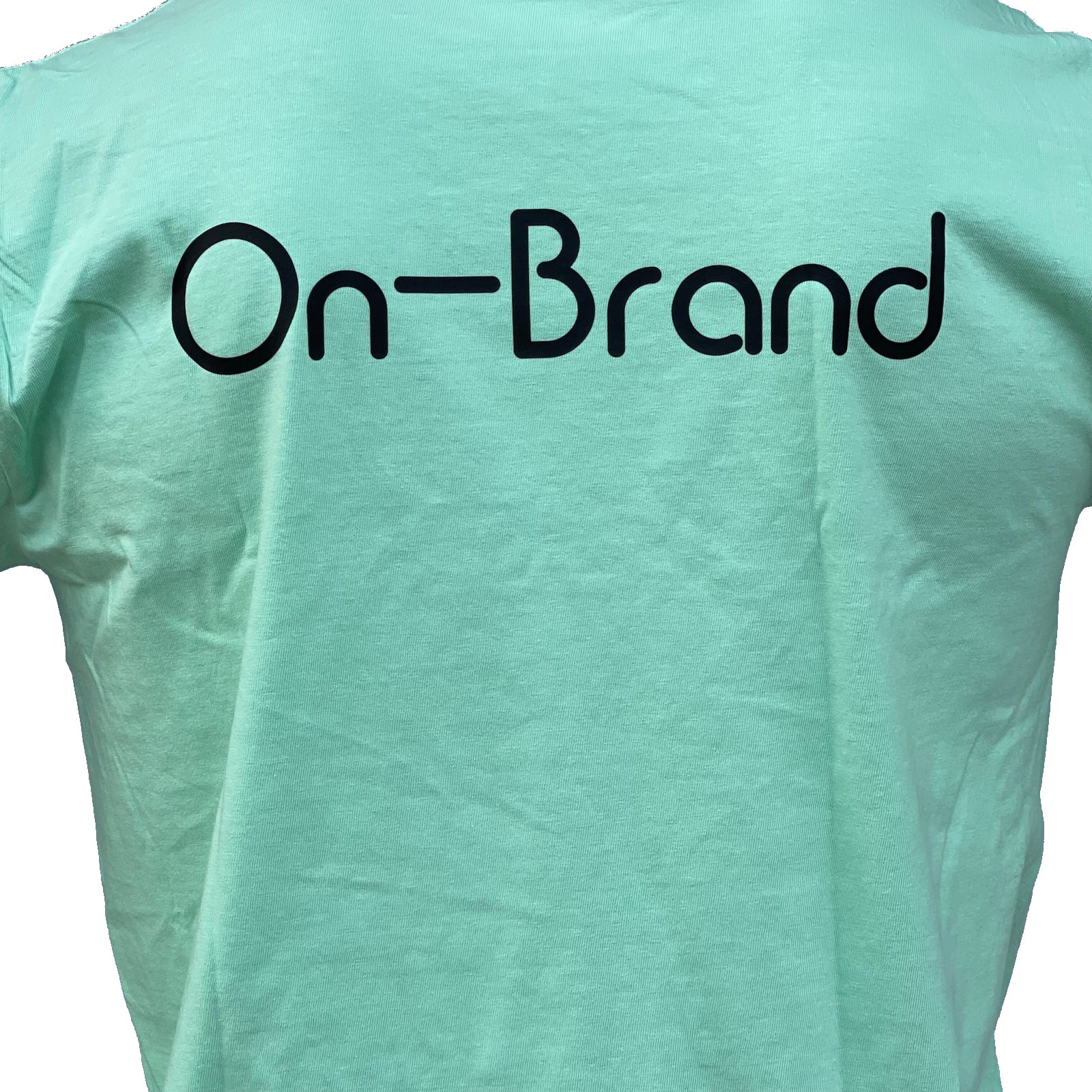 On-Brand Golf seafoam t-shirt back, close-up of black On-Brand wordmark print