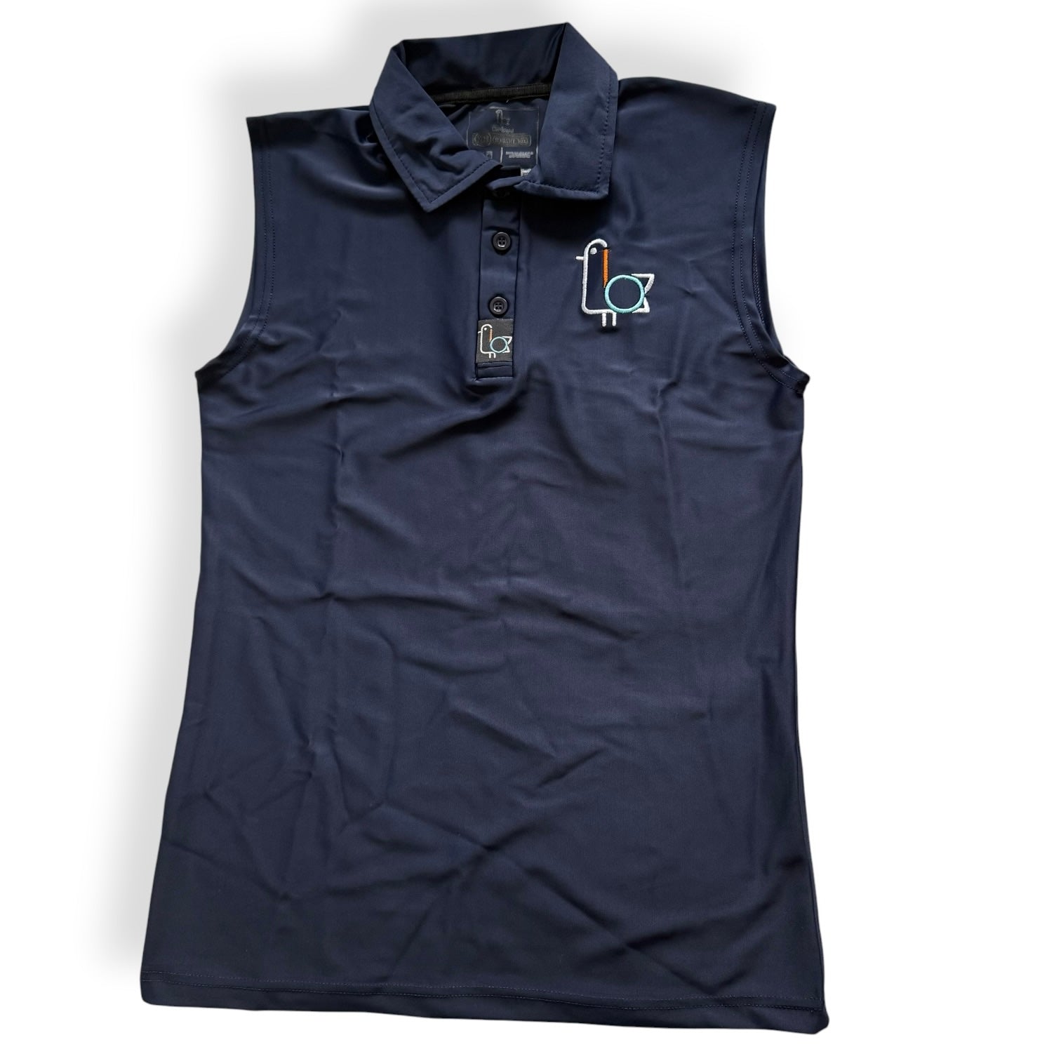 Sleeveless navy women's golf polo, colorful bird logo, front view – On-Brand Golf