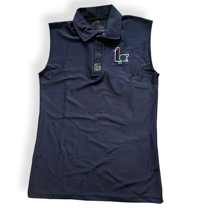 Sleeveless navy women's golf polo, colorful bird logo, front view – On-Brand Golf