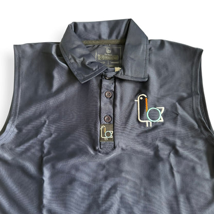 Women's navy sleeveless golf polo with colorful bird crest, front – On-Brand Golf