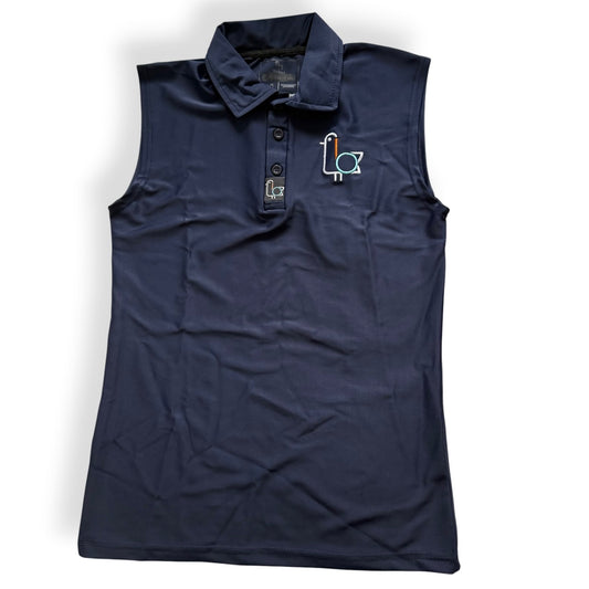 Women's navy sleeveless golf polo with colorful bird crest, front – On-Brand Golf